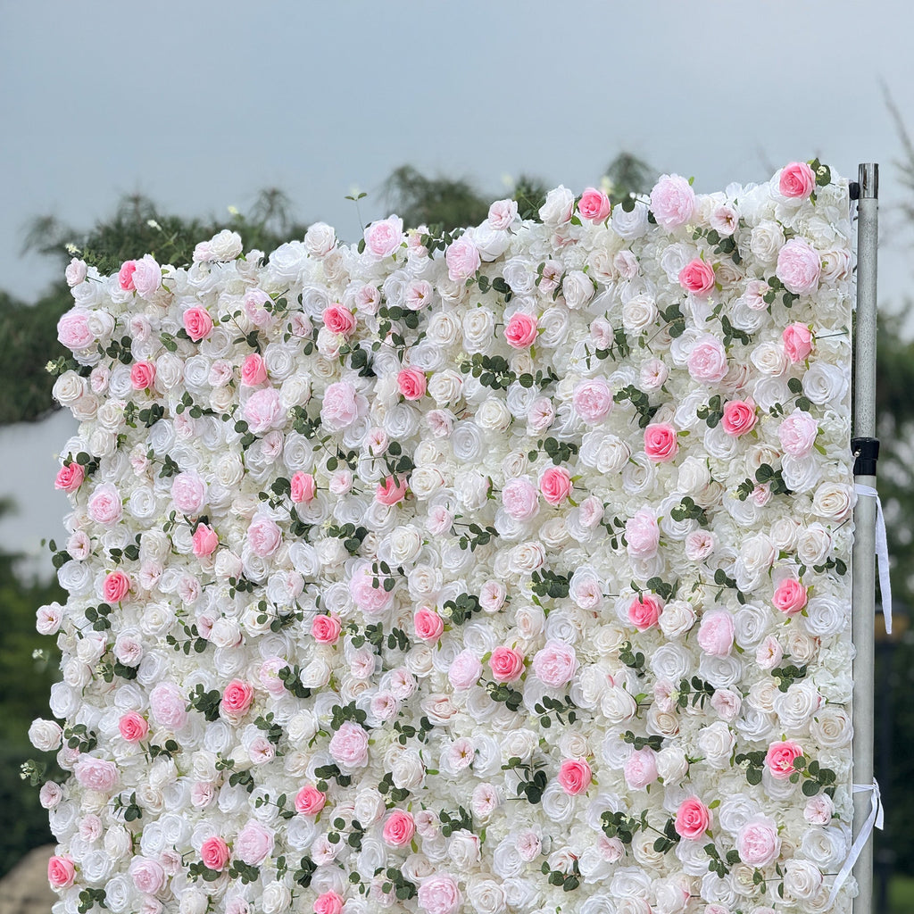 Romantic Pink And White Artificial Rose Backdrop With Eucalyptus - Perfect For Weddings And Proposals and Outdoor Events and Photography - VF - 824