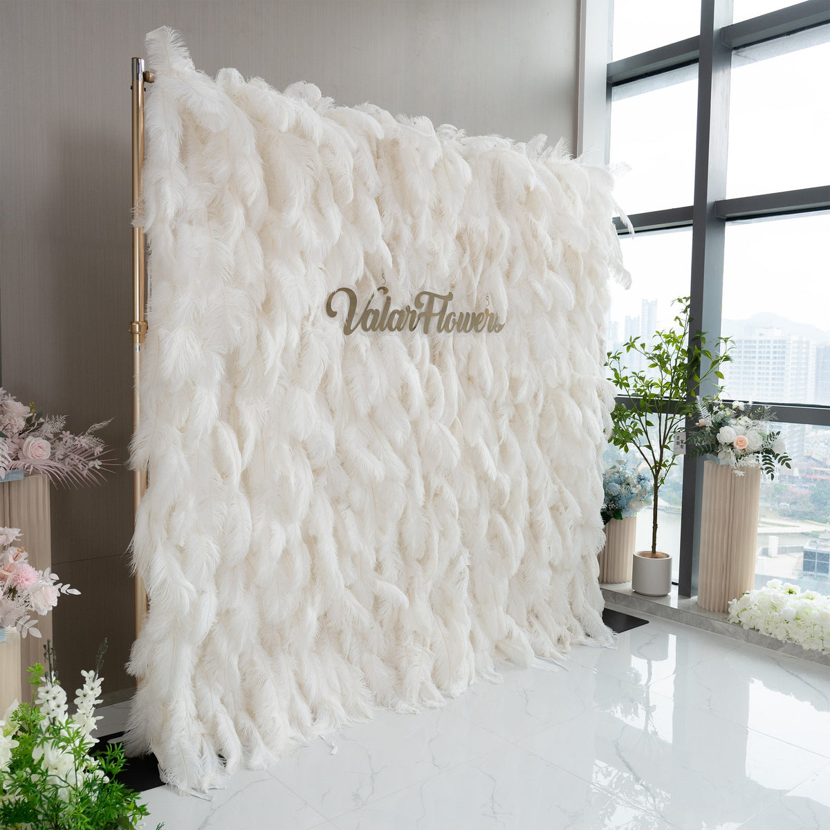 ValarFlowers White Feather Artificial Flower Wall Backdrop VF-164-White