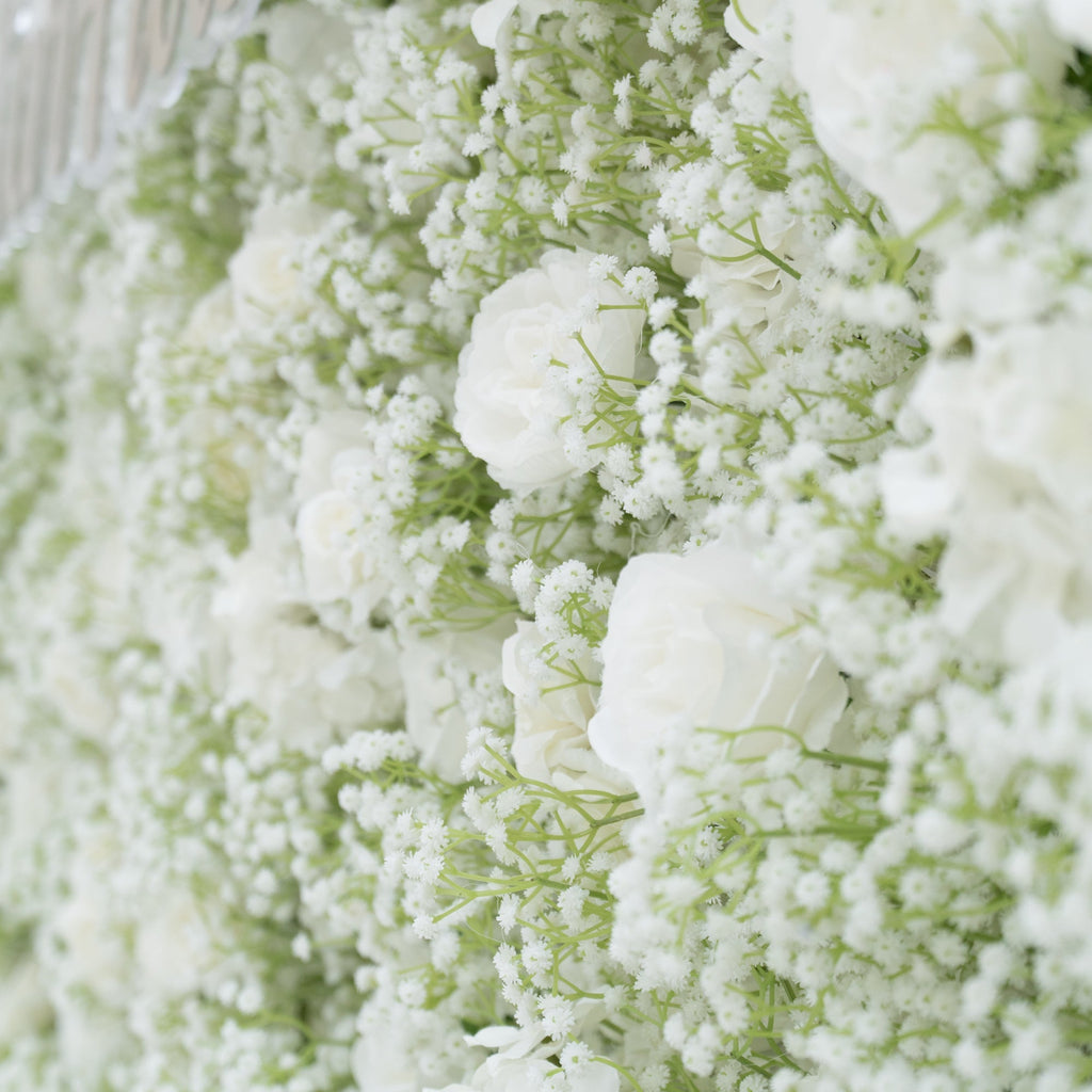 ValarFlowers Artificial Floral Wall Backdrop: Serene Meadows Artificial Floral Wall Backdrop: White Rose & Baby's Breath Edition-VF-268-2