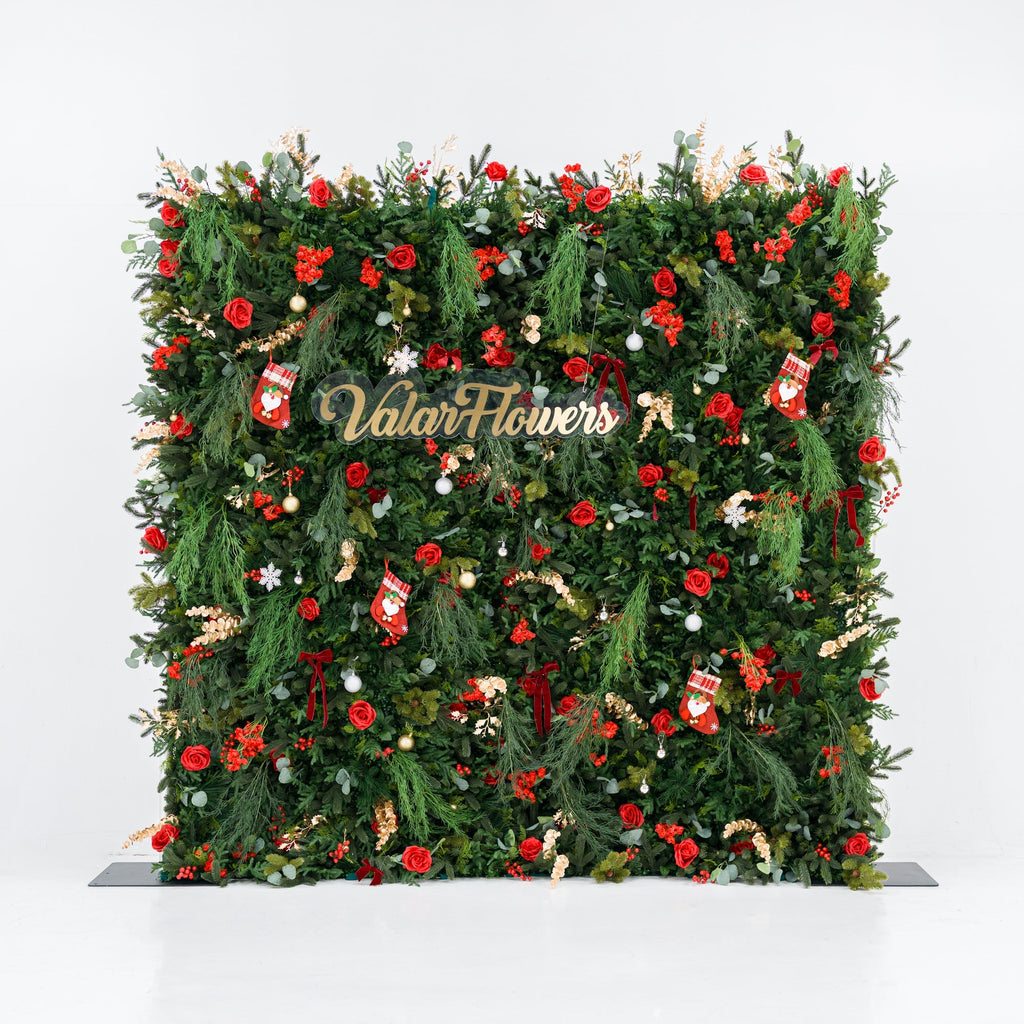 ValarFlowers Christmas Themed Floral Wall Backdrop: Festive Evergreen & Red Rose Masterpiece for Holiday Events & Decor-VF-491-2