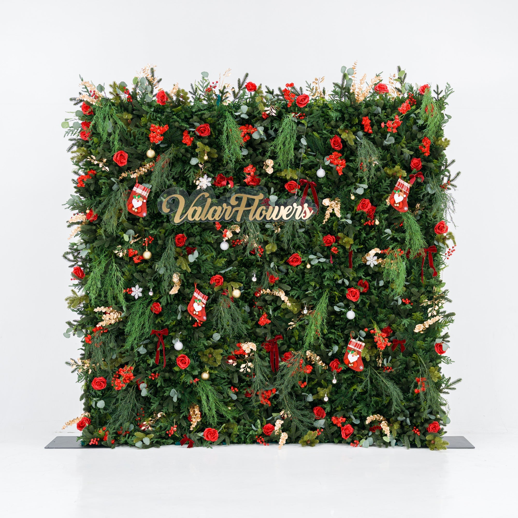 ValarFlowers Christmas Themed Floral Wall Backdrop: Festive Evergreen & Red Rose Masterpiece for Holiday Events & Decor-VF-491-2