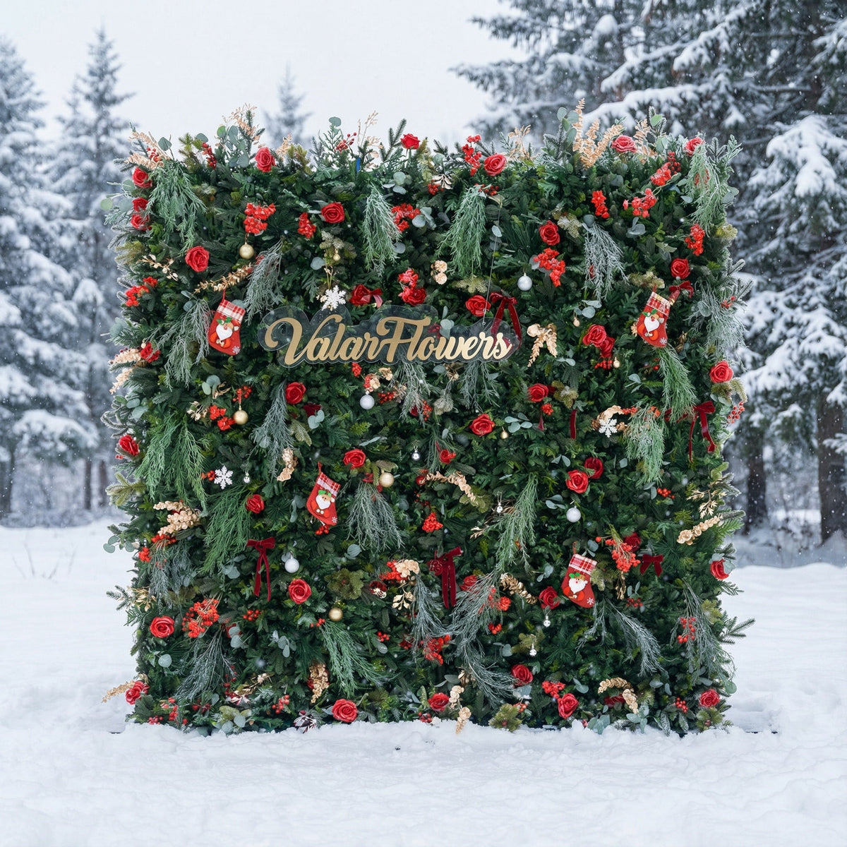 ValarFlowers Christmas Themed Floral Wall Backdrop: Festive Evergreen & Red Rose Masterpiece for Holiday Events & Decor-VF-491-2